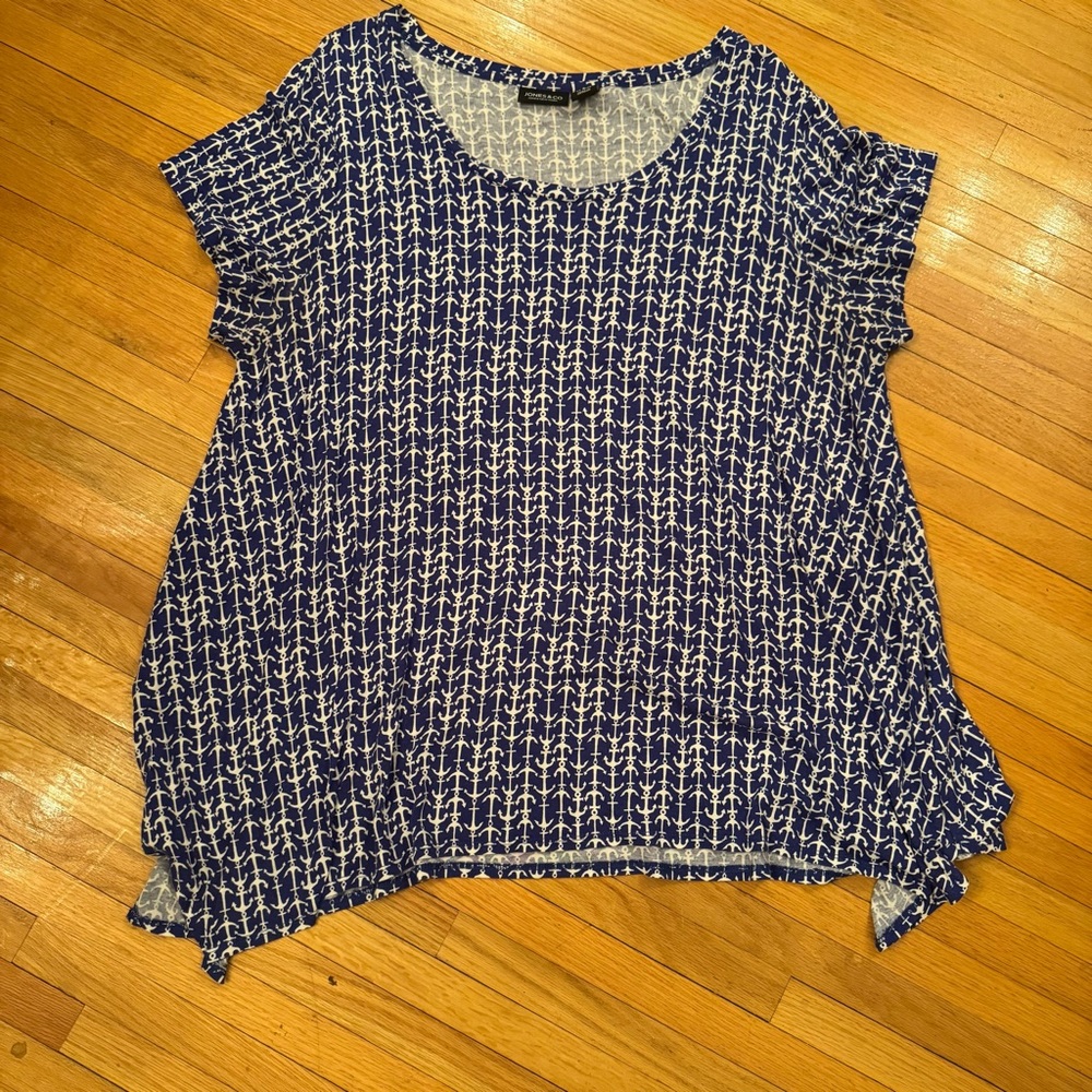 Relaxed Blue and White Cap Sleeve Blouse 2X